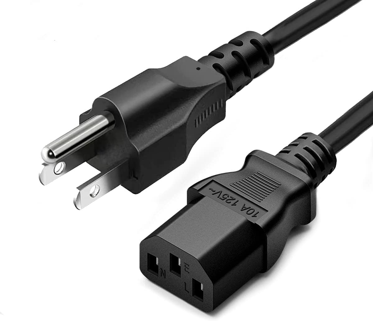 Standard 5ft (1.5m) 10 Amps 125 Volts Black 3 Prong AC Power Cord Cable for Electronics. TV. Computer. Printer. Radio. Monitor. Samsung. Dell. Vizio. LG. Asus. Laptop and More