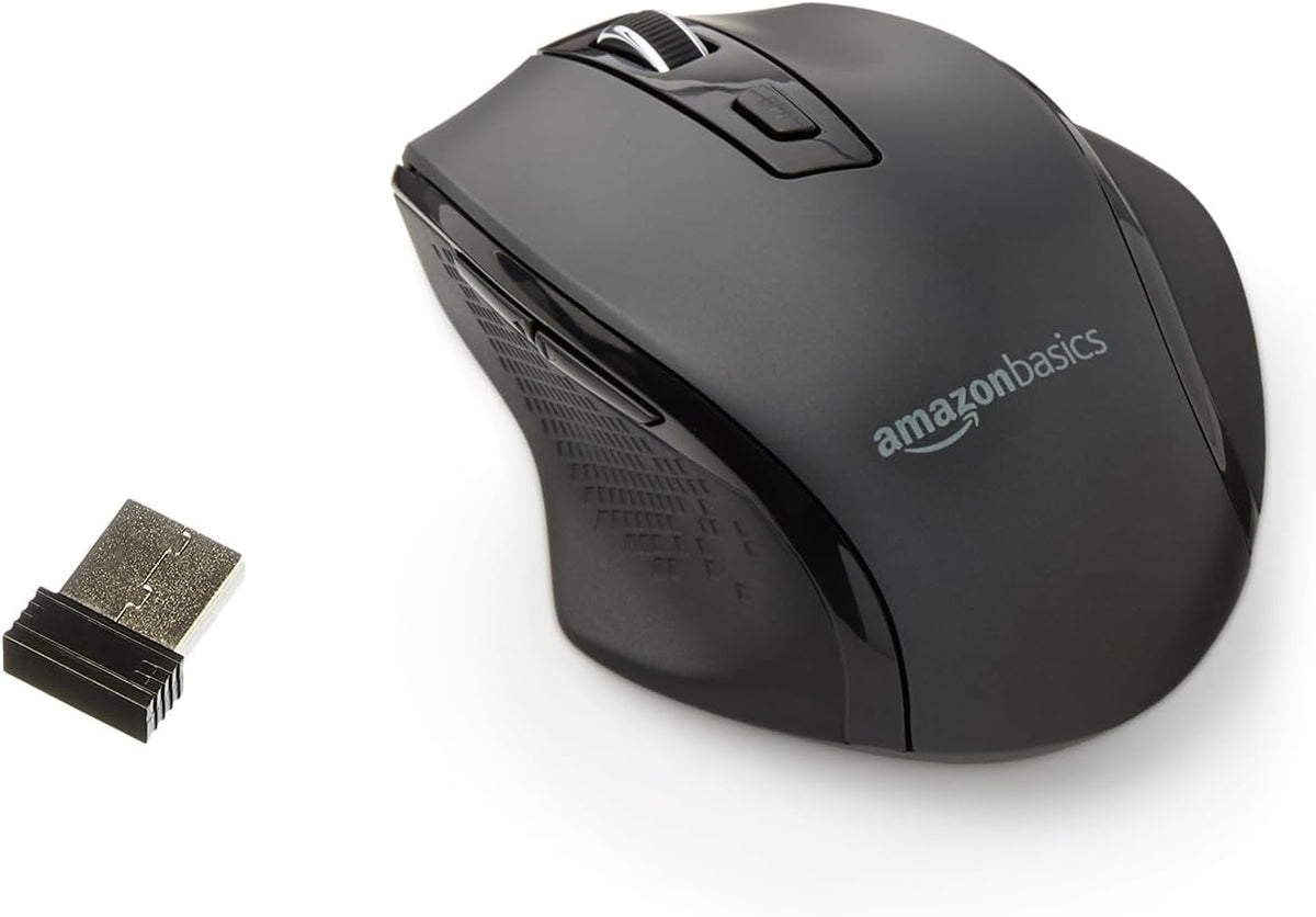 Amazon Basics Portable Wireless Computer Mouse. Ergonomic. 2.4 GHz Optical. DPI Adjustable. Easy to Use. Compatible With PC. Mac. Laptop. Black