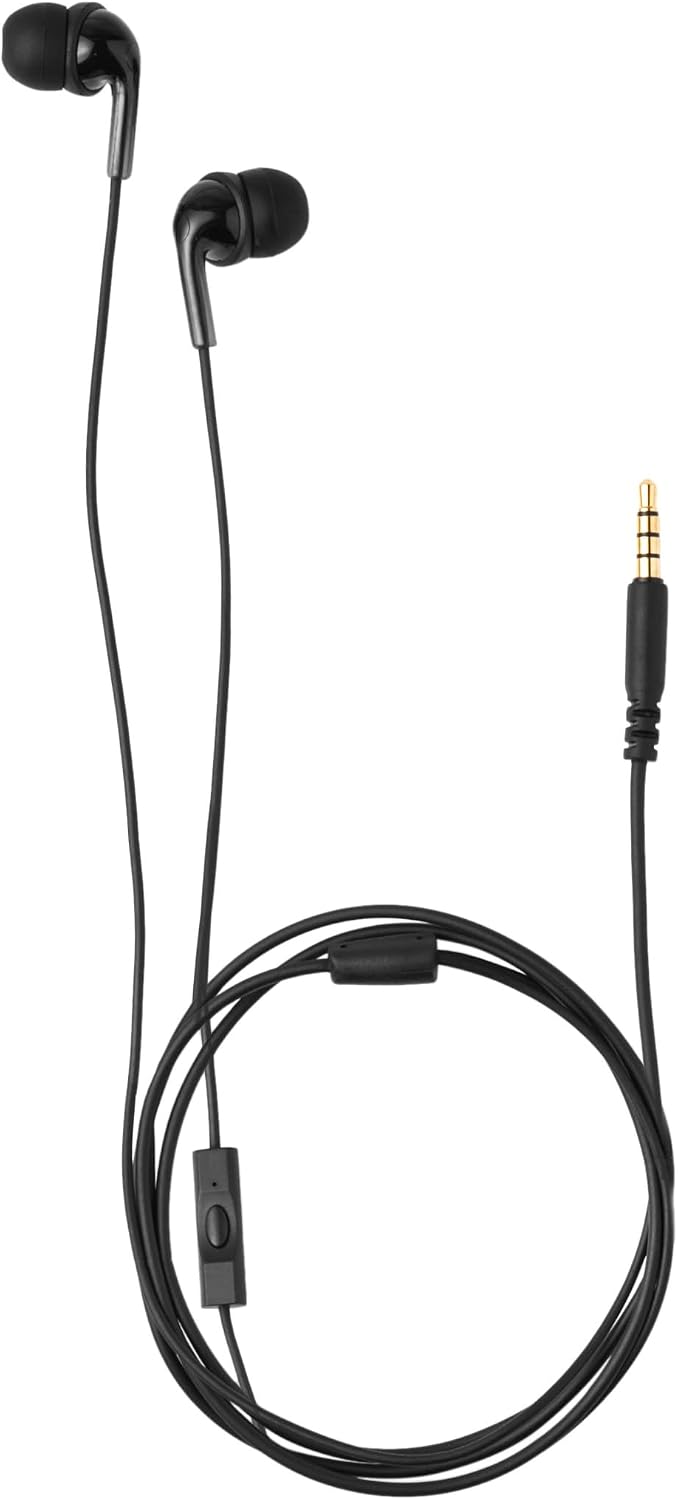 Amazon Basics Wired Earbuds with Microphone. In-Ear Headphones. 3.5mm Jack. High Definition Sound. Secure Fit. 4.2 ft Cable. S/M/L Ear Tips. Black