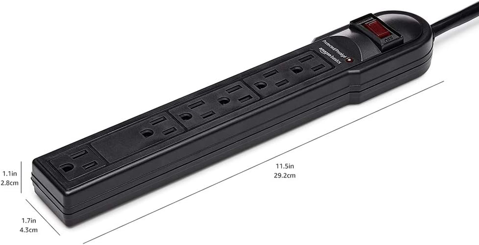 Amazon Basics Surge Protector Power Strip. 6-Outlet. 790 Joules. Circuit Breaker. LED Indicator Light. 6ft Extension Cord. Black
