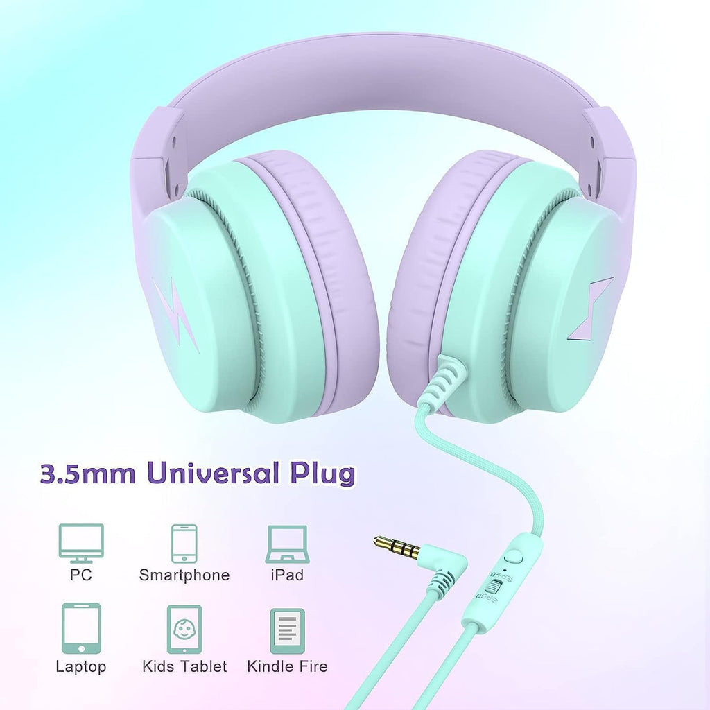 Candy Bila Wired Kids Headphones for School. Over-Ear for Boys Girls | Volume Limiter 85/94dB. HD Stereo Sound. Microphone and Wired Control.Foldable Design. Gradient Purple