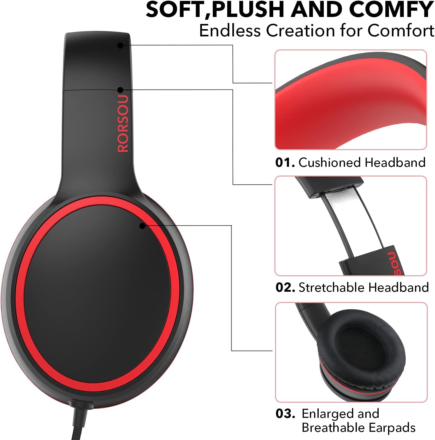 RORSOU R10 Kids Headphones Over-Ear with Microphone. Lightweight Folding Stereo Bass Headset with 1.5M No-Tangle Cord. Portable Wired Headphones for Smartphone Tablet Computer MP3 / 4 (Black)