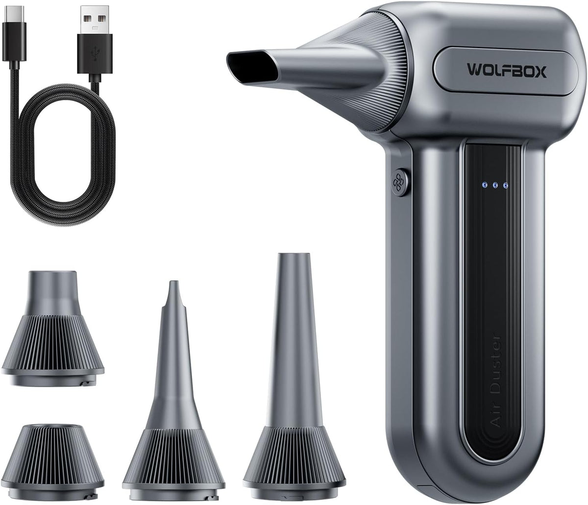 WOLFBOX MF60 Compressed Air Duster. 3-Speed Adjustable. Electric. Cordless | 110.000 RPM. Rechargeable. Air Blower. Fast Charging. PC Keyboard Cleaning. Car. Home. Black. 0.5 lb Lightweight