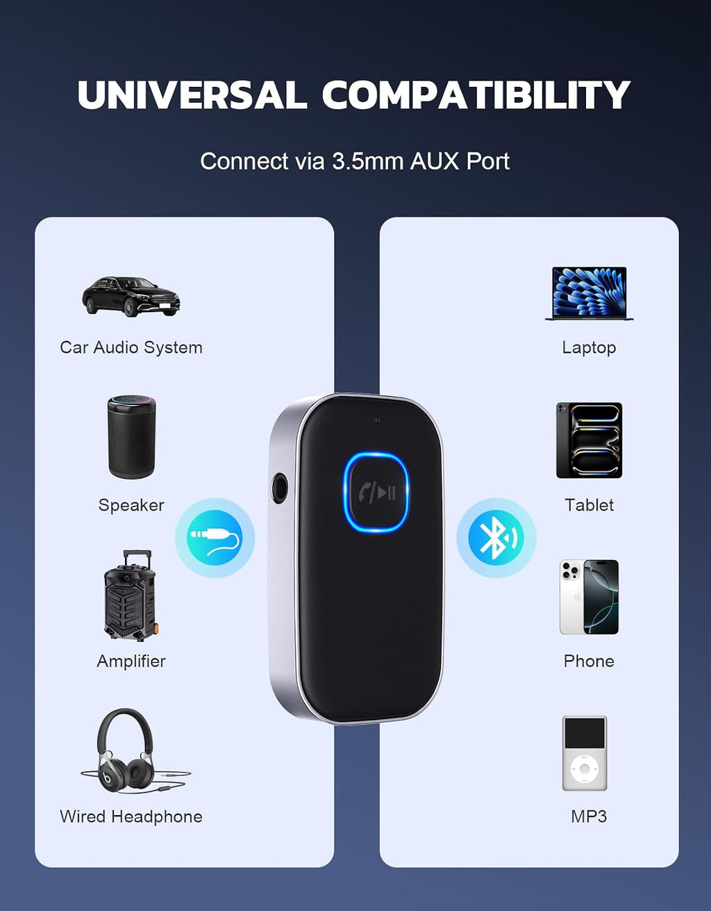 COMSOON Bluetooth Receiver for Car. 3.5mm AUX Bluetooth Car Adapter | Noise Cancelling. Wireless Audio Receiver for Home Stereo/Wired Headphones. Hands-Free Call. 16H Battery Life. Black+Silver