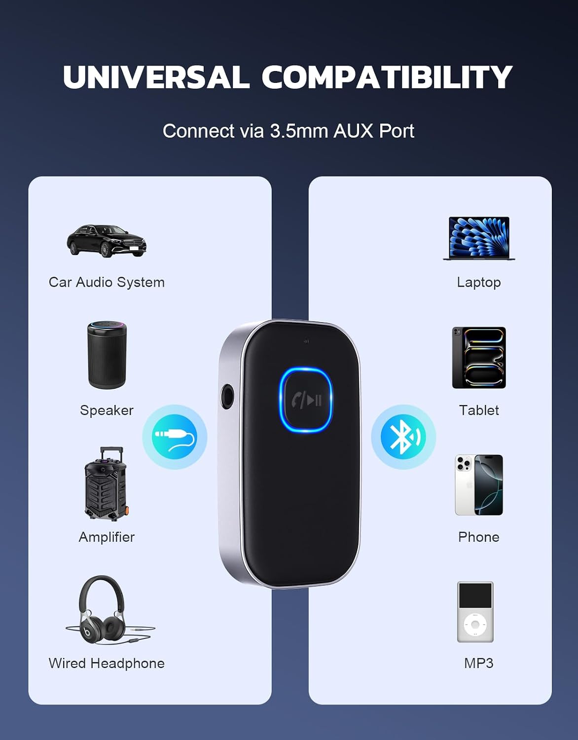 COMSOON Bluetooth Receiver for Car. 3.5mm AUX Bluetooth Car Adapter | Noise Cancelling. Wireless Audio Receiver for Home Stereo/Wired Headphones. Hands-Free Call. 16H Battery Life. Black+Silver