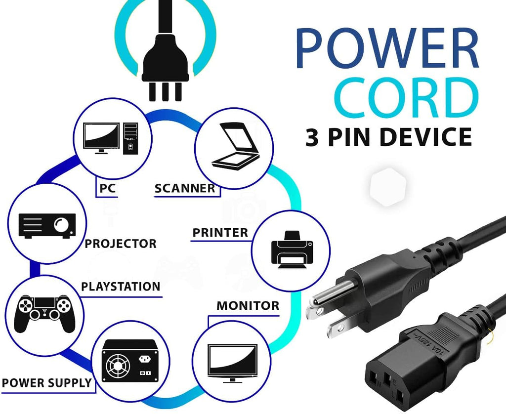Standard 5ft (1.5m) 10 Amps 125 Volts Black 3 Prong AC Power Cord Cable for Electronics. TV. Computer. Printer. Radio. Monitor. Samsung. Dell. Vizio. LG. Asus. Laptop and More