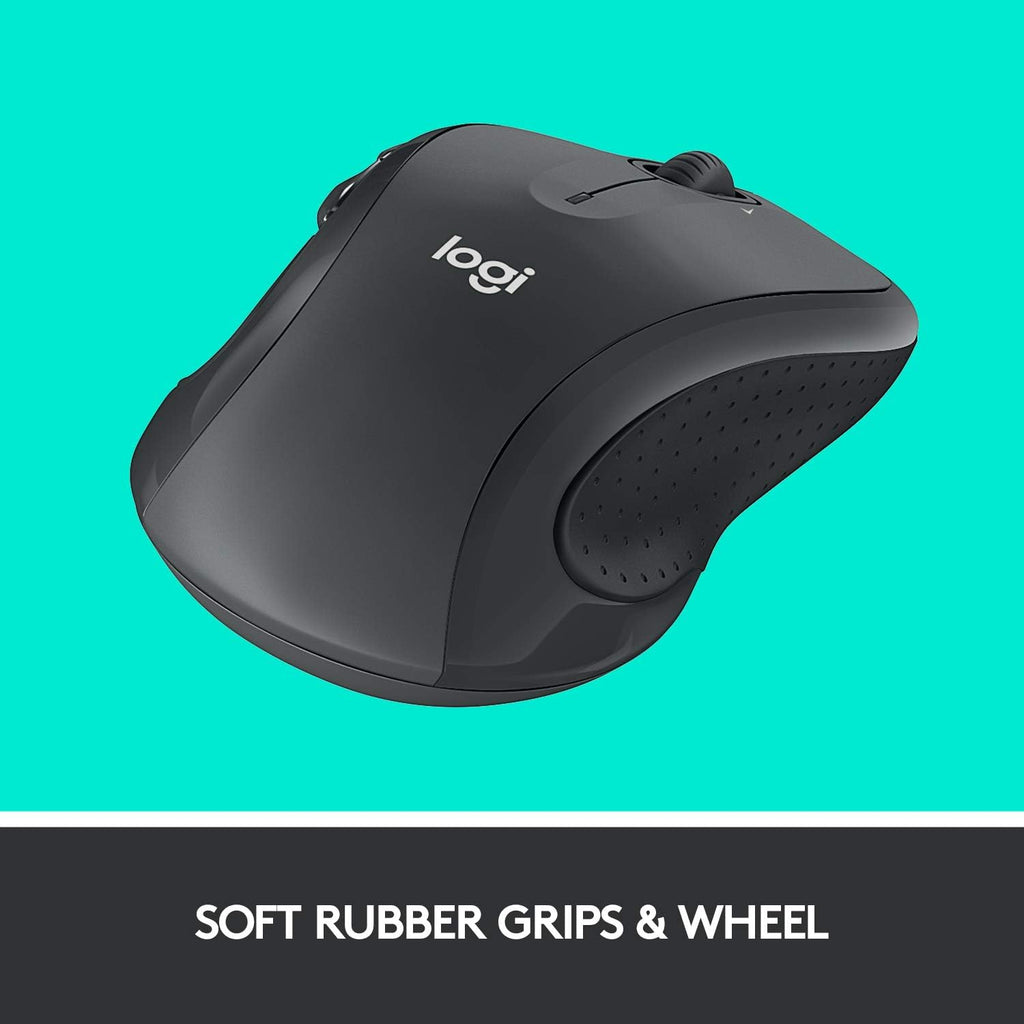 Logitech M510 Full Size Ambidextrous 2.4 GHz Wireless Mouse | 2.4 GHz USB-A Nano Receiver. tilt-to-scroll function. 2-year battery life. Windows Mac Linux compatible. certified for Chrome