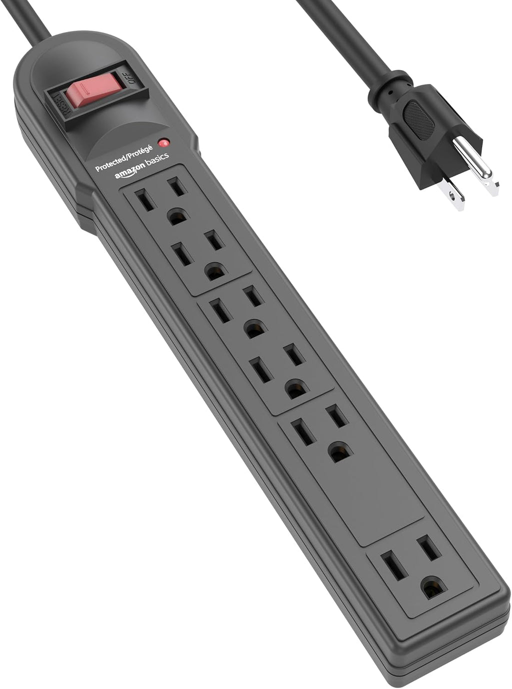 Amazon Basics Surge Protector Power Strip. 6-Outlet. 790 Joules. Circuit Breaker. LED Indicator Light. 6ft Extension Cord. Black