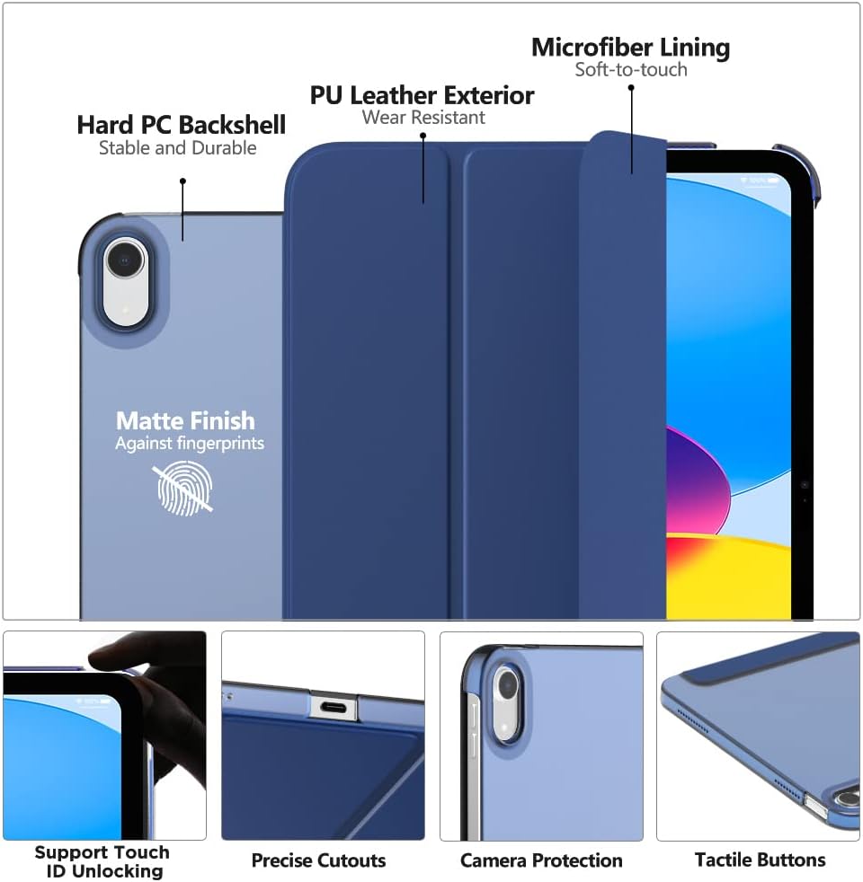 MoKo for iPad (A16) 11th Generation Case. iPad 10th Gen Case. Navy Blue | For iPad 11/10.9 Inch Case 2025/2022. Slim Stand Hard PC Translucent Back Shell Smart Cover.Support Touch ID.Auto Wake/Sleep