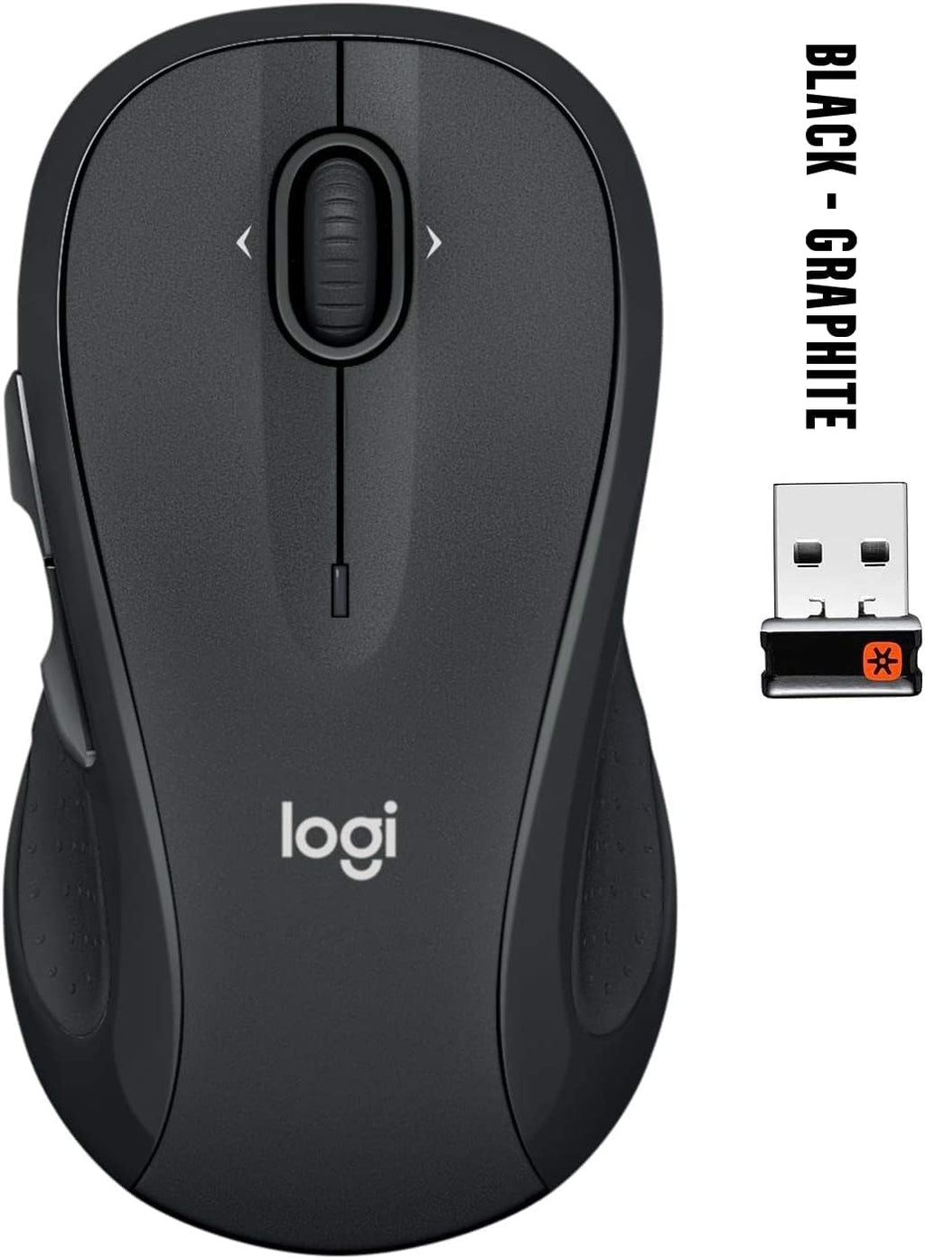 Logitech M510 Full Size Ambidextrous 2.4 GHz Wireless Mouse | 2.4 GHz USB-A Nano Receiver. tilt-to-scroll function. 2-year battery life. Windows Mac Linux compatible. certified for Chrome