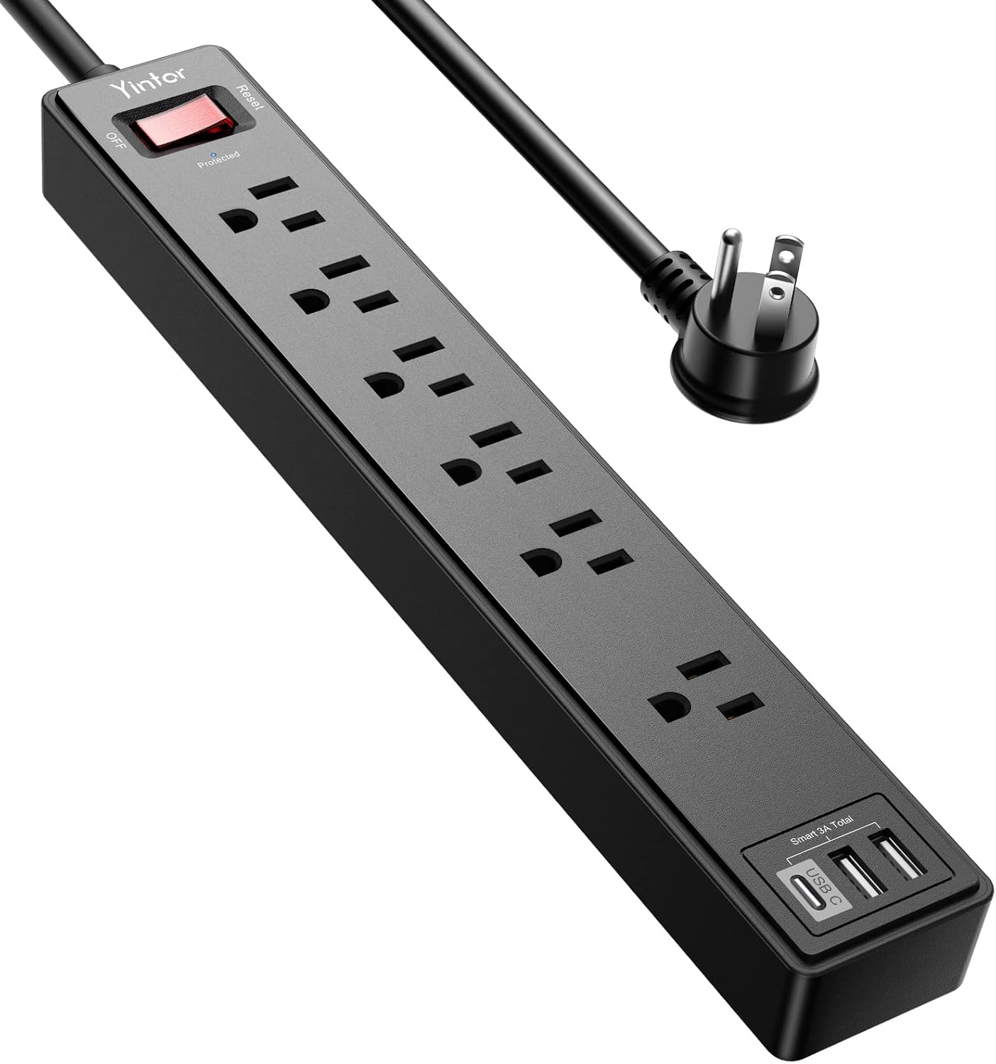 Yintar 6Ft Surge Protector Power Strip with 6 Outlets & 3 USB Ports. Black | 6 Feet Flat Plug Extension Cord with Multiple Outlets for Home. Office. Dorm Essentials. 1680 Joules. ETL Listed