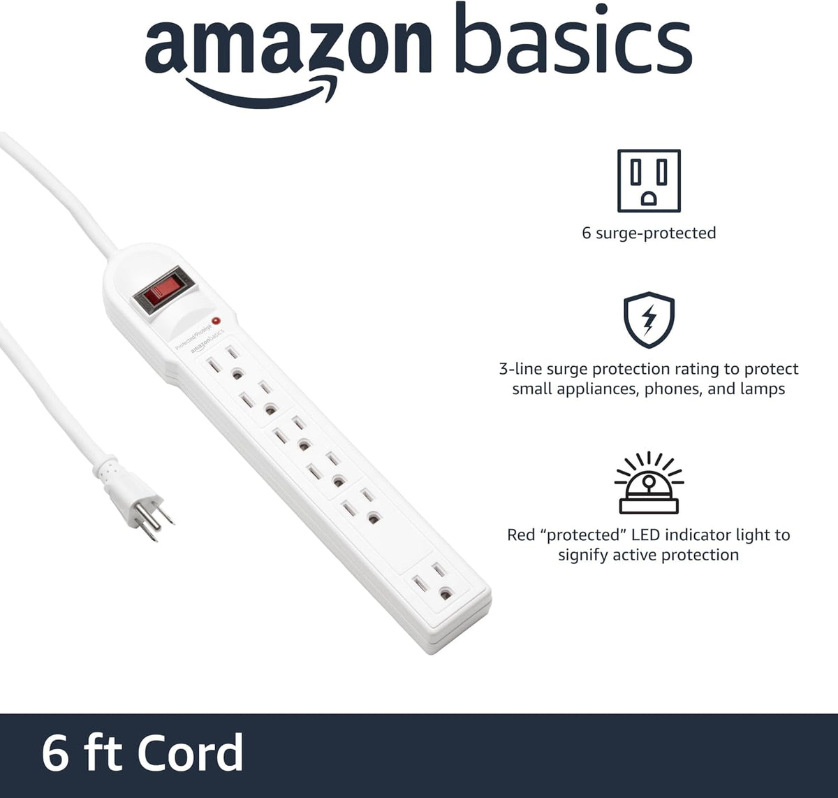 Amazon Basics Surge Protector Power Strip. 6-Outlet. 790 Joules. Circuit Breaker. LED Indicator. 6ft Extension Cord. White