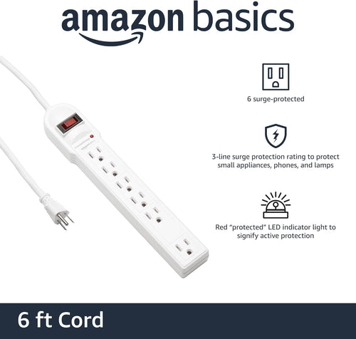 Amazon Basics Surge Protector Power Strip. 6-Outlet. 790 Joules. Circuit Breaker. LED Indicator. 6ft Extension Cord. White
