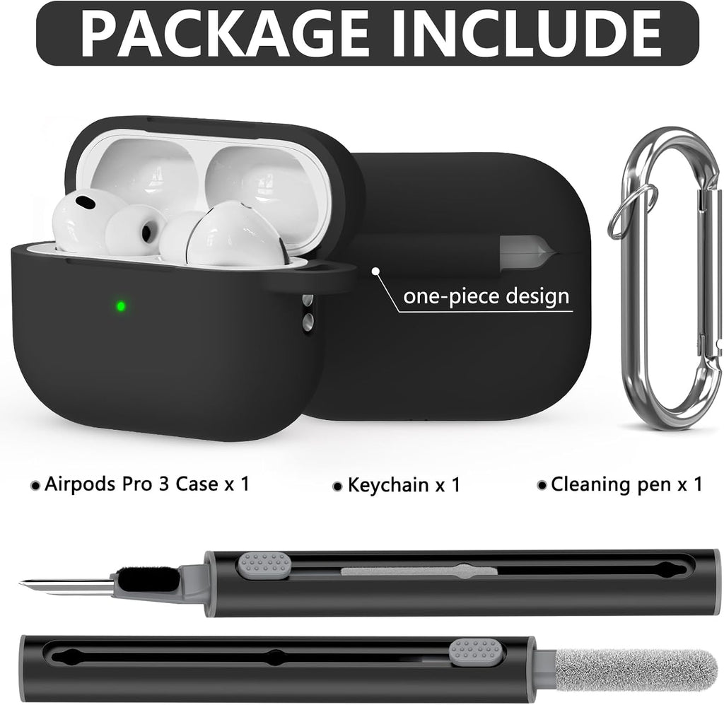 Ljusmicker for AirPods Pro 3 Case 2025 with Cleaner Kit.Black | Soft Silicone Protective Cover for Apple AirPod Pro 3rd Generation Case with Keychain for Women Men.Shockproof
