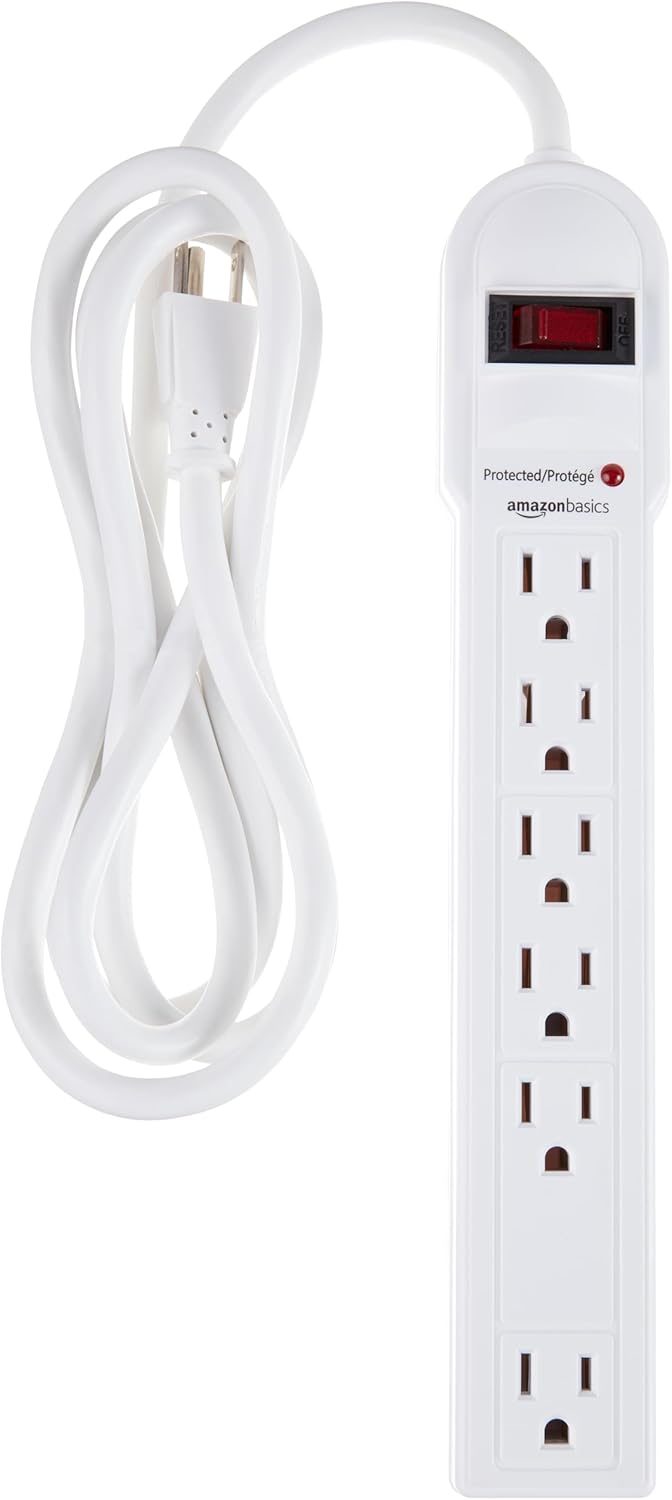 Amazon Basics Surge Protector Power Strip. 6-Outlet. 790 Joules. Circuit Breaker. LED Indicator. 6ft Extension Cord. White