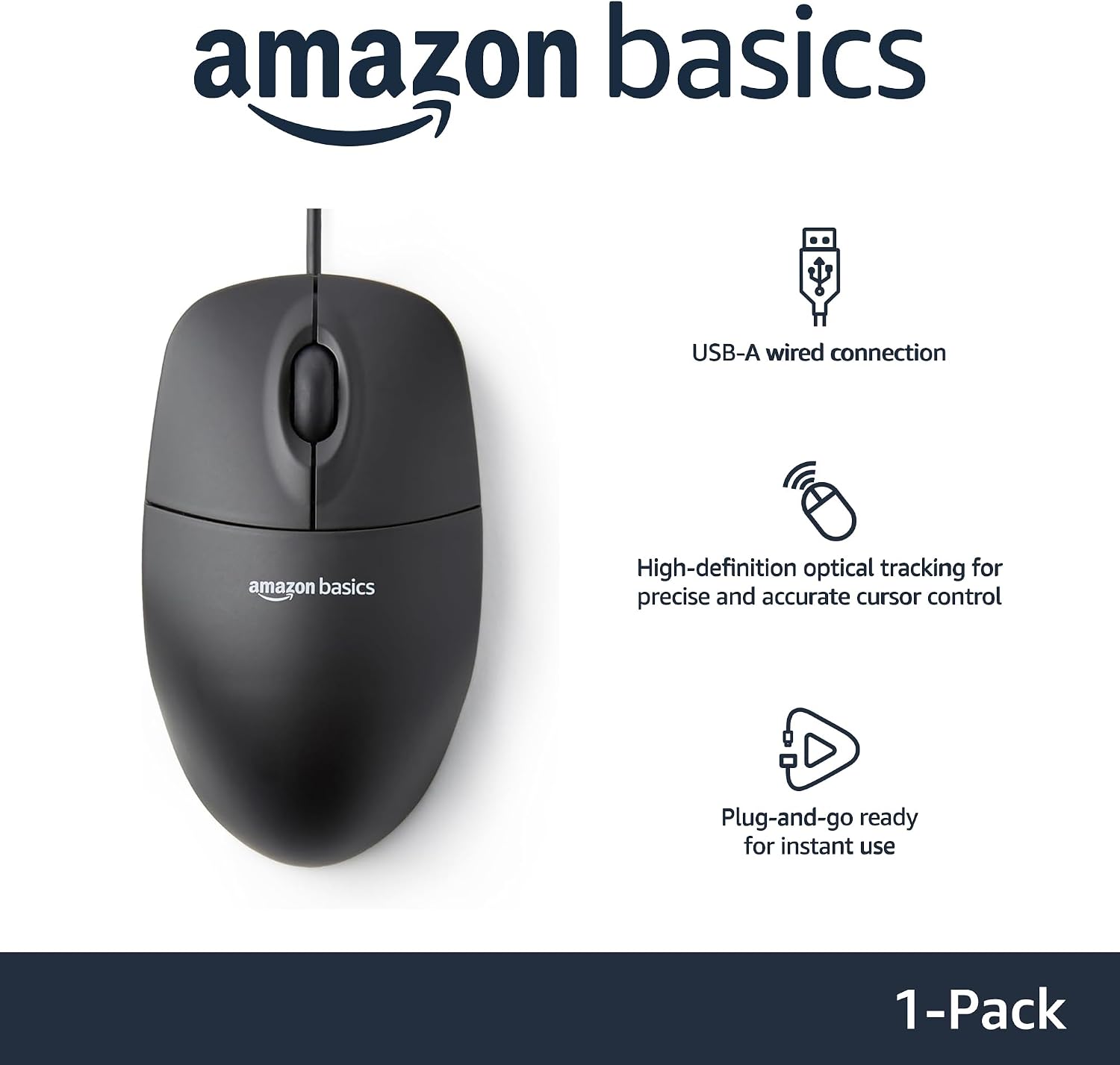 Amazon Basics 3-Button USB Wired Mouse with Responsive Tracking. Plug & Play. Compatible with Windows and Mac. Black