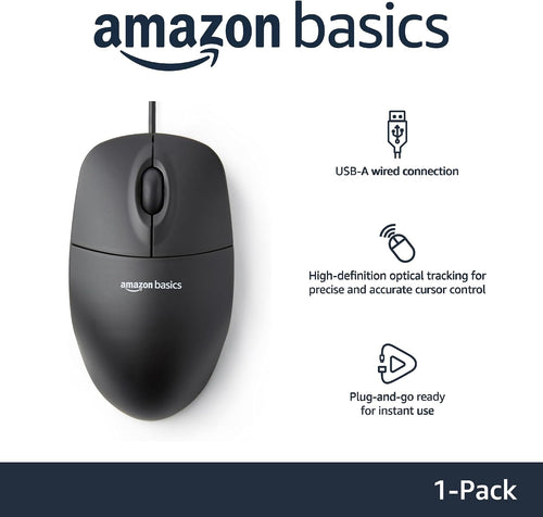 Amazon Basics 3-Button USB Wired Mouse with Responsive Tracking. Plug & Play. Compatible with Windows and Mac. Black