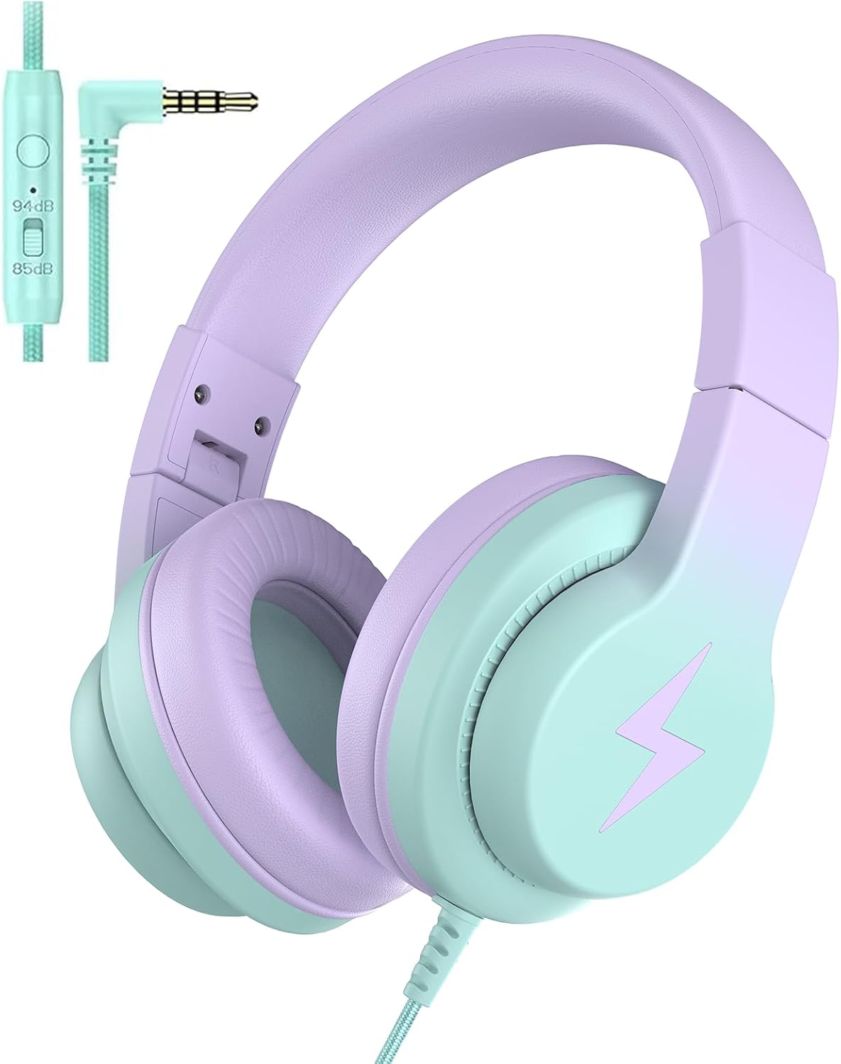 Candy Bila Wired Kids Headphones for School. Over-Ear for Boys Girls | Volume Limiter 85/94dB. HD Stereo Sound. Microphone and Wired Control.Foldable Design. Gradient Purple