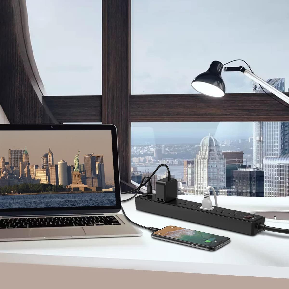 Yintar 6Ft Surge Protector Power Strip with 6 Outlets & 3 USB Ports. Black | 6 Feet Flat Plug Extension Cord with Multiple Outlets for Home. Office. Dorm Essentials. 1680 Joules. ETL Listed