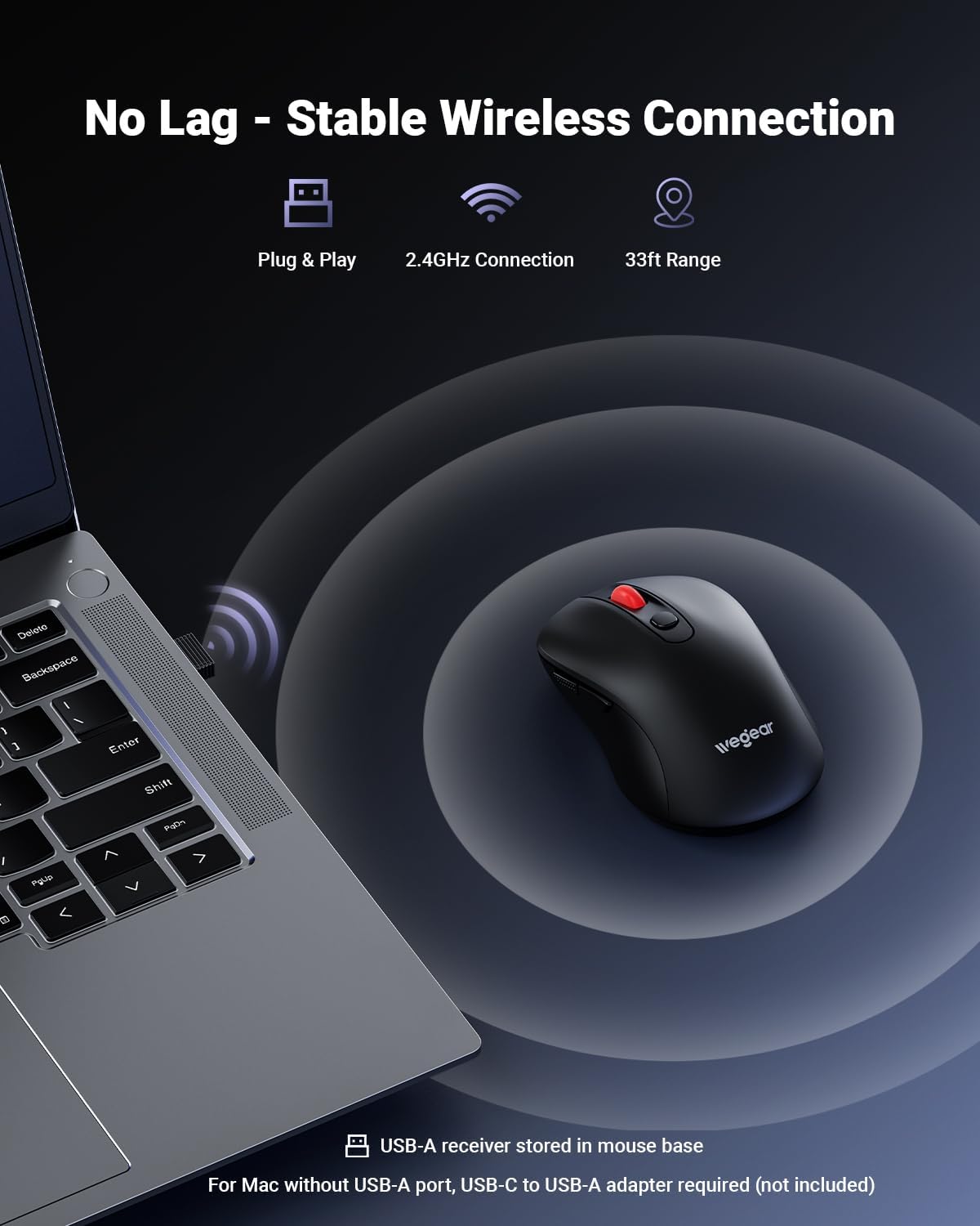 wegear USB Wireless Mouse for Laptop PC Mac. 2.4GHz Cordless Mouse-Black | Ergonomic Portable Optical Computer Mice with 6 Buttons. 5-Level Adjustable 4000 DPI.24-Month Battery Life