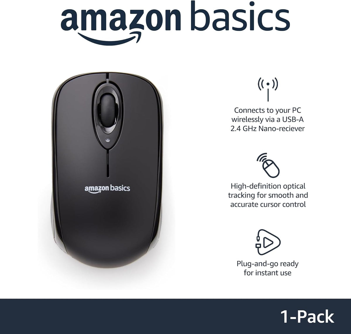 Amazon Basics 2.4 GHz Wireless Optical Computer Mouse with USB Nano Receiver. Portable. No Wires. Smooth Tracking. Multi-Device Compatibility. Black