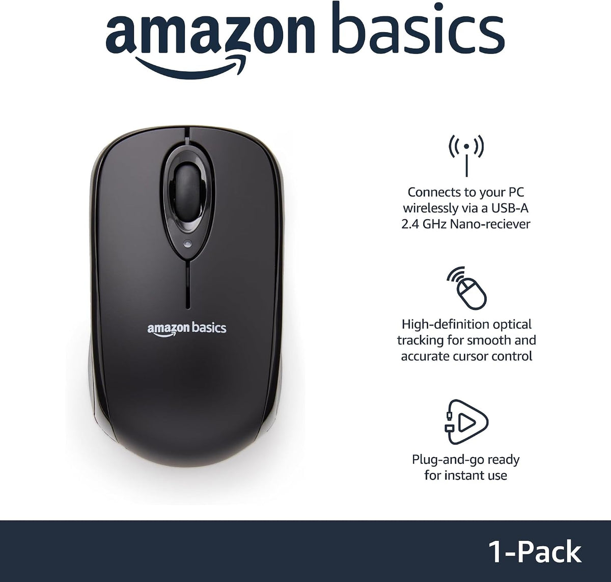 Amazon Basics 2.4 GHz Wireless Optical Computer Mouse with USB Nano Receiver. Portable. No Wires. Smooth Tracking. Multi-Device Compatibility. Black