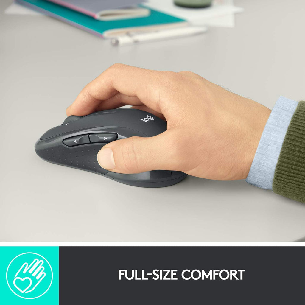 Logitech M510 Full Size Ambidextrous 2.4 GHz Wireless Mouse | 2.4 GHz USB-A Nano Receiver. tilt-to-scroll function. 2-year battery life. Windows Mac Linux compatible. certified for Chrome