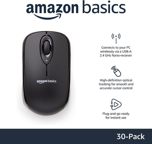 Amazon Basics 2.4 GHz Wireless Optical Computer Mouse with USB Nano Receiver. Black. 30-Pack