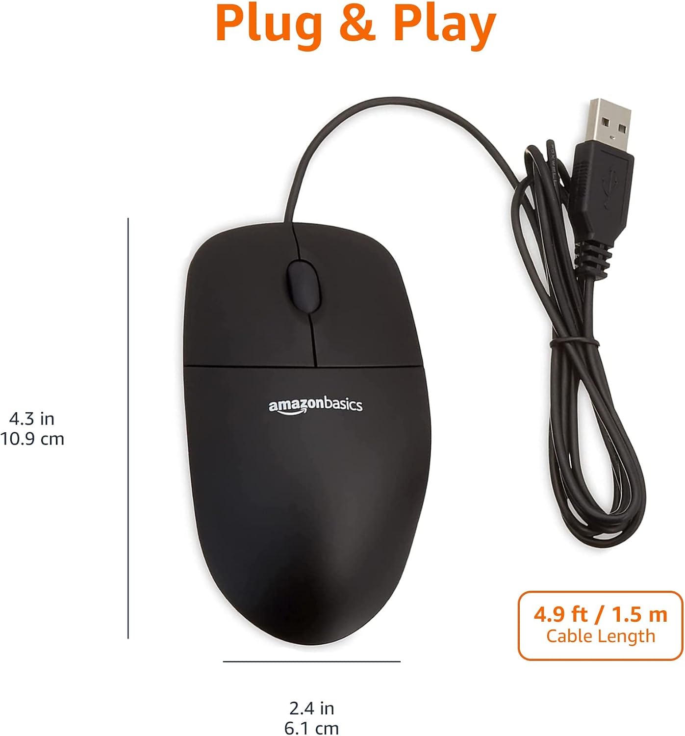 Amazon Basics 3-Button USB Wired Mouse with Responsive Tracking. Plug & Play. Compatible with Windows and Mac. Black