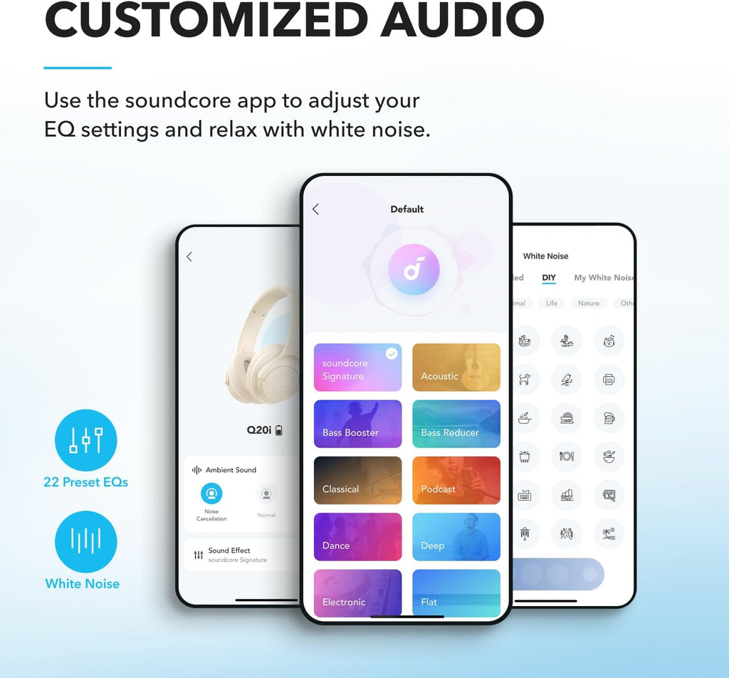 Soundcore by Anker Q20i Hybrid Active Noise Cancelling Headphones. White | Over-Ear. Bluetooth. 40H ANC Playtime. Hi-Res Audio. Big Bass. Transparency Mode. Customize via App. Travel. Home. Office