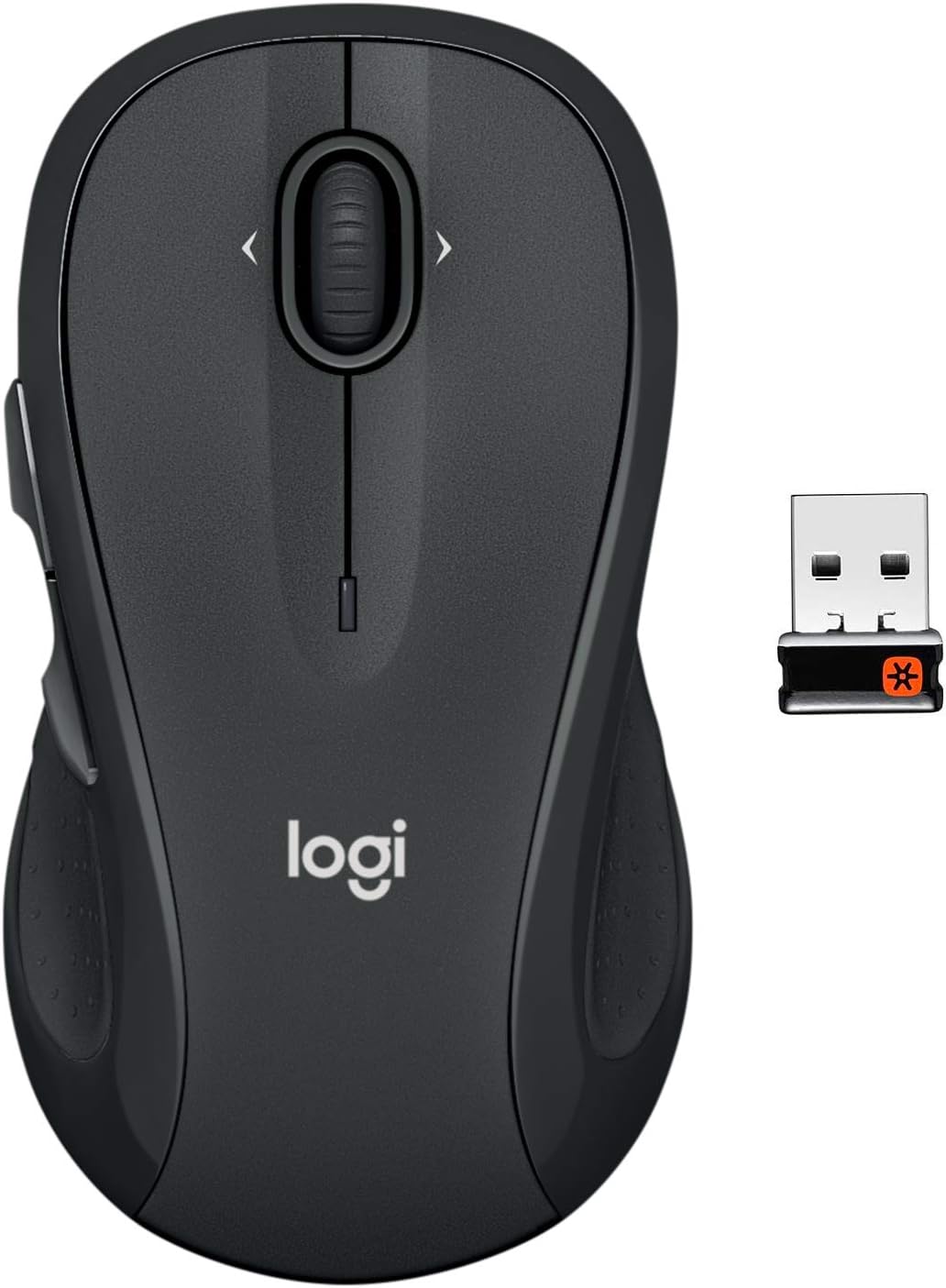 Logitech M510 Full Size Ambidextrous 2.4 GHz Wireless Mouse | 2.4 GHz USB-A Nano Receiver. tilt-to-scroll function. 2-year battery life. Windows Mac Linux compatible. certified for Chrome