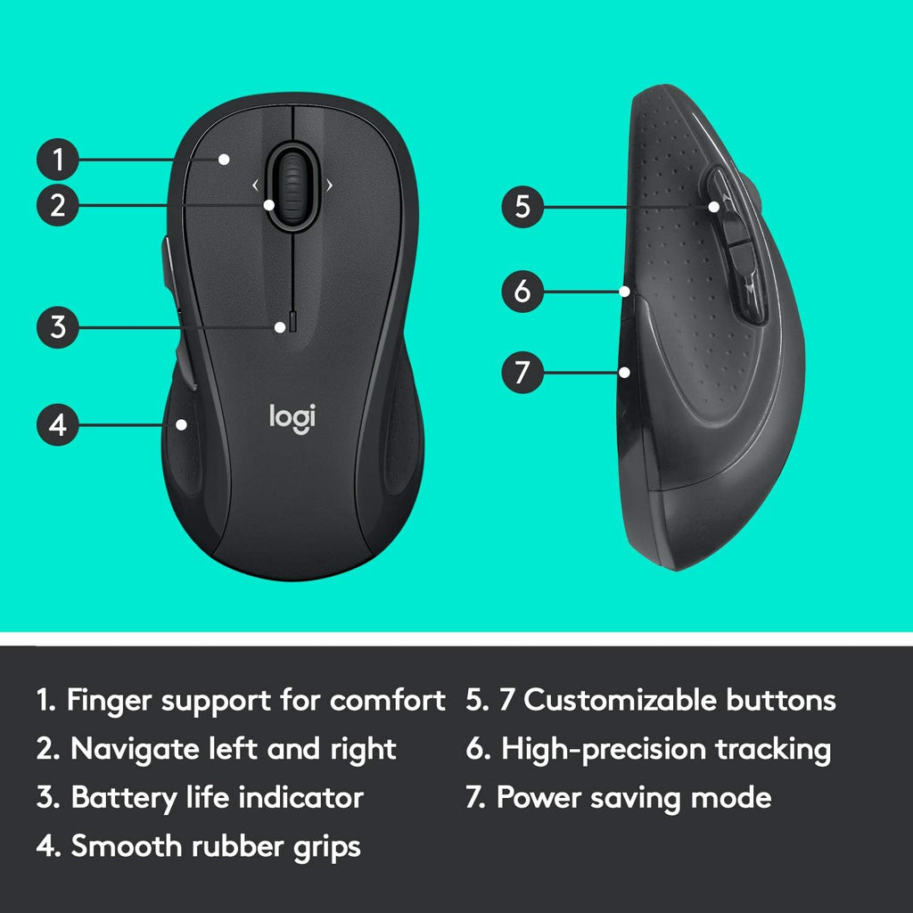 Logitech M510 Full Size Ambidextrous 2.4 GHz Wireless Mouse | 2.4 GHz USB-A Nano Receiver. tilt-to-scroll function. 2-year battery life. Windows Mac Linux compatible. certified for Chrome