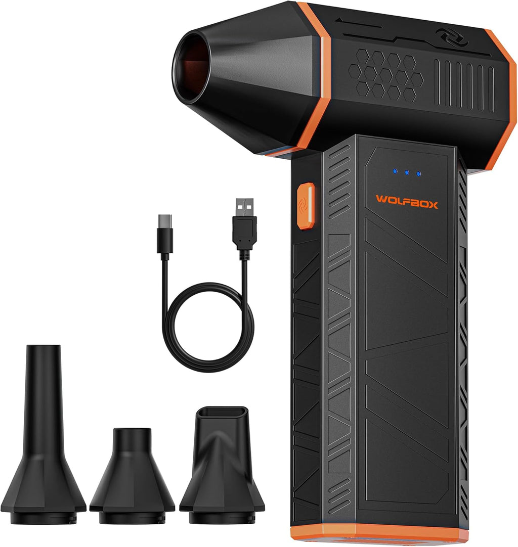 WOLFBOX MegaFlow 50 Compressed Air Duster. 110.000 RPM. 3-Gear Adjustable | Electric. Mini Blower. Fast Charging. Computer. Keyboard. House. Outdoor. Car. 0.45 lb Lightweight. 4 Nozzles