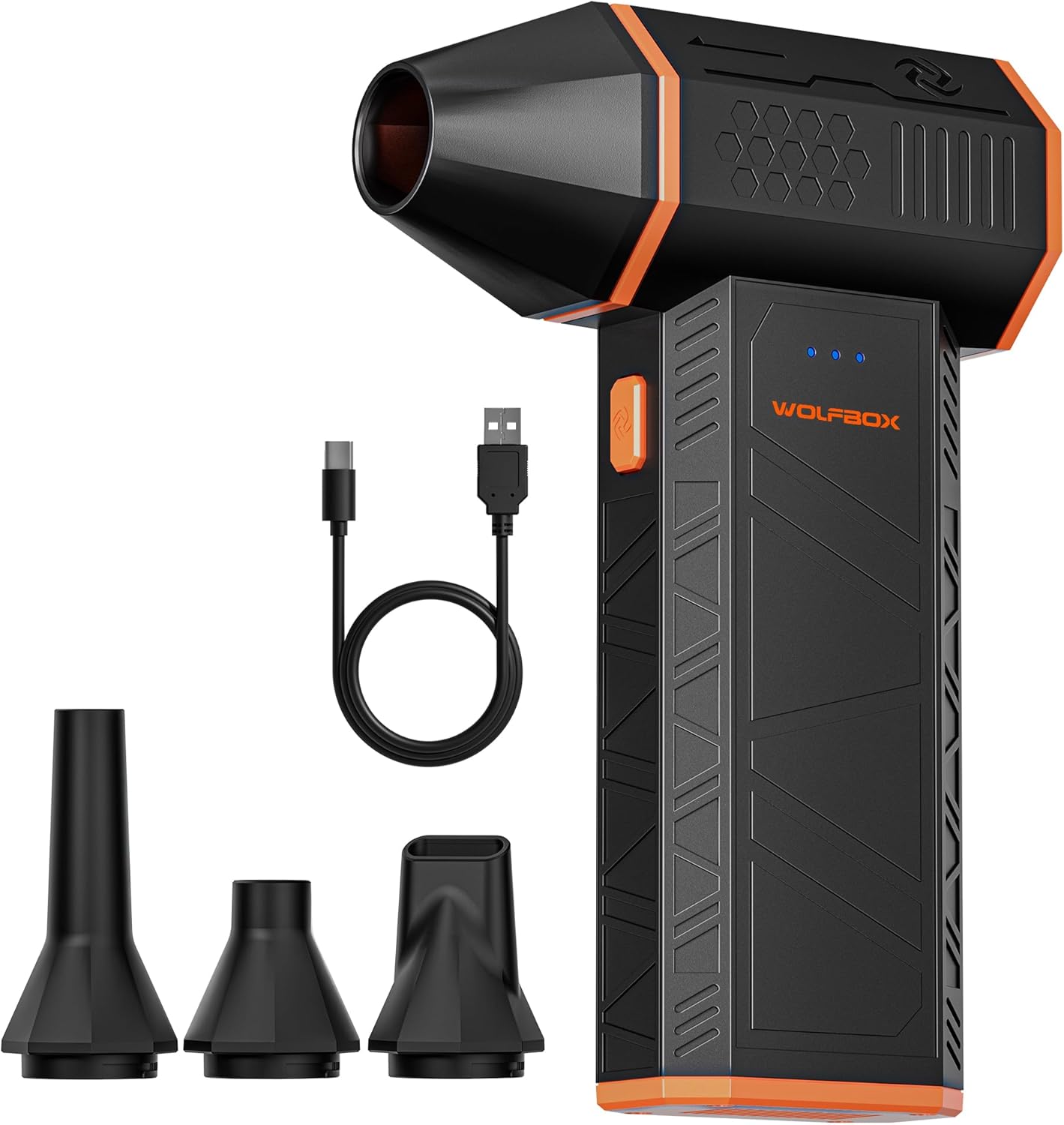 WOLFBOX MegaFlow 50 Compressed Air Duster. 110.000 RPM. 3-Gear Adjustable | Electric. Mini Blower. Fast Charging. Computer. Keyboard. House. Outdoor. Car. 0.45 lb Lightweight. 4 Nozzles