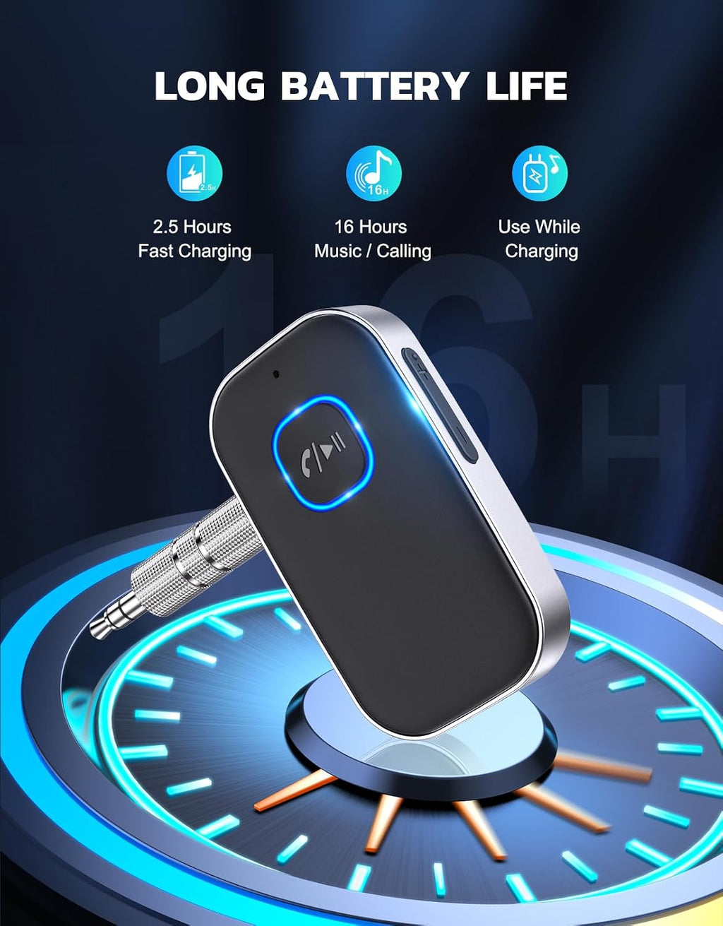 COMSOON Bluetooth Receiver for Car. 3.5mm AUX Bluetooth Car Adapter | Noise Cancelling. Wireless Audio Receiver for Home Stereo/Wired Headphones. Hands-Free Call. 16H Battery Life. Black+Silver