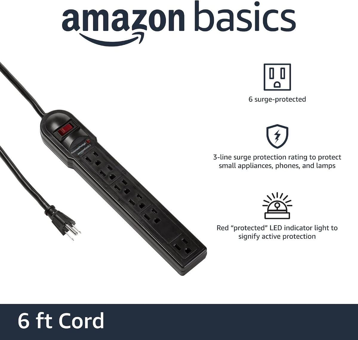 Amazon Basics Surge Protector Power Strip. 6-Outlet. 790 Joules. Circuit Breaker. LED Indicator Light. 6ft Extension Cord. Black