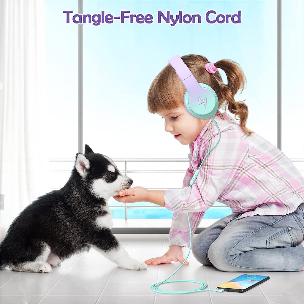 Candy Bila Wired Kids Headphones for School. Over-Ear for Boys Girls | Volume Limiter 85/94dB. HD Stereo Sound. Microphone and Wired Control.Foldable Design. Gradient Purple