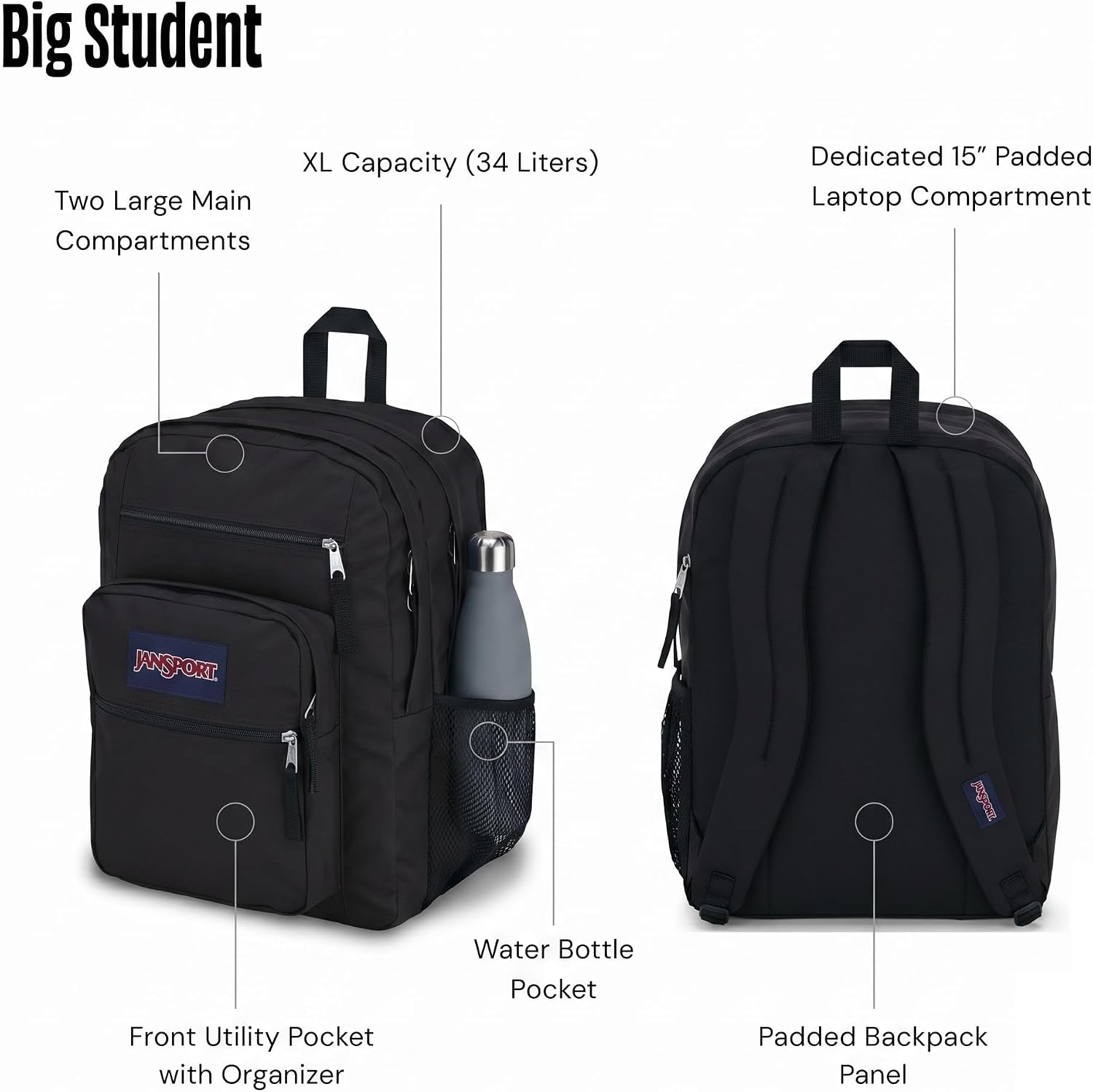 JanSport Laptop Backpack - Computer Bag with 2 Compartments. Ergonomic Shoulder Straps. 15 Laptop Sleeve. Haul Handle - Black