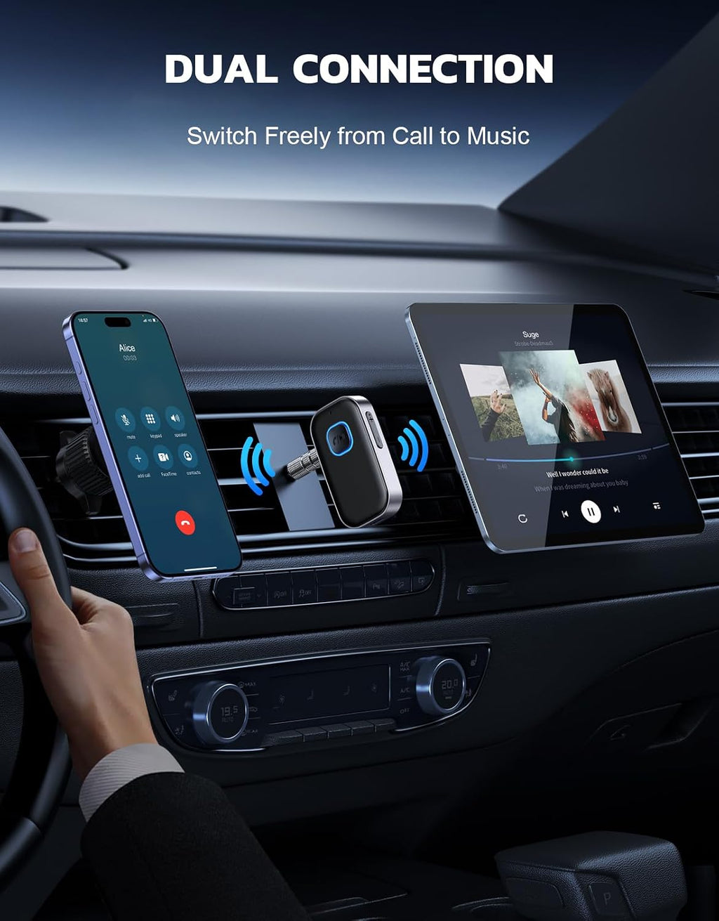 COMSOON Bluetooth Receiver for Car. 3.5mm AUX Bluetooth Car Adapter | Noise Cancelling. Wireless Audio Receiver for Home Stereo/Wired Headphones. Hands-Free Call. 16H Battery Life. Black+Silver