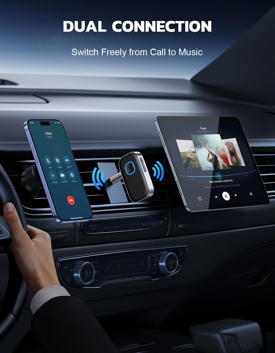 COMSOON Bluetooth Receiver for Car. 3.5mm AUX Bluetooth Car Adapter | Noise Cancelling. Wireless Audio Receiver for Home Stereo/Wired Headphones. Hands-Free Call. 16H Battery Life. Black+Silver