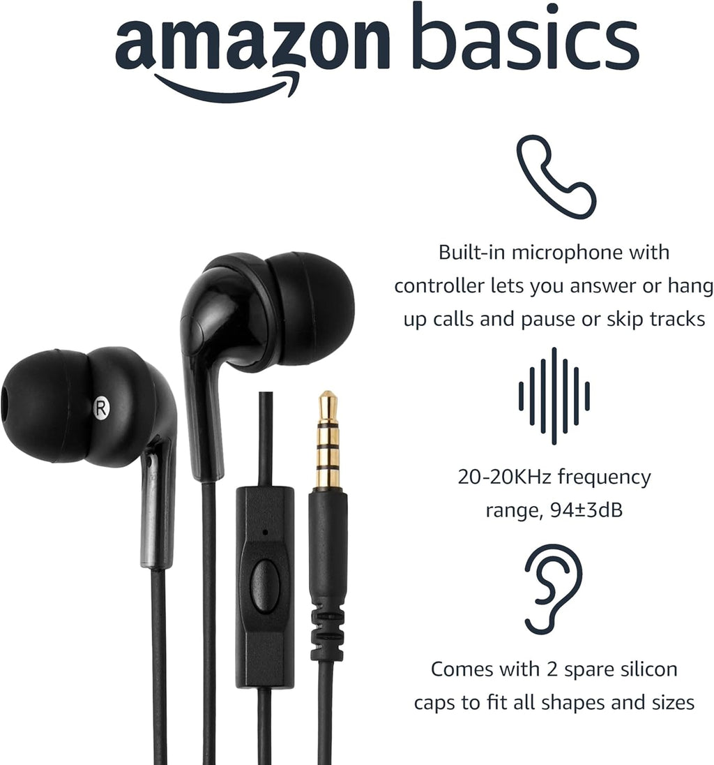 Amazon Basics Wired Earbuds with Microphone. In-Ear Headphones. 3.5mm Jack. High Definition Sound. Secure Fit. 4.2 ft Cable. S/M/L Ear Tips. Black