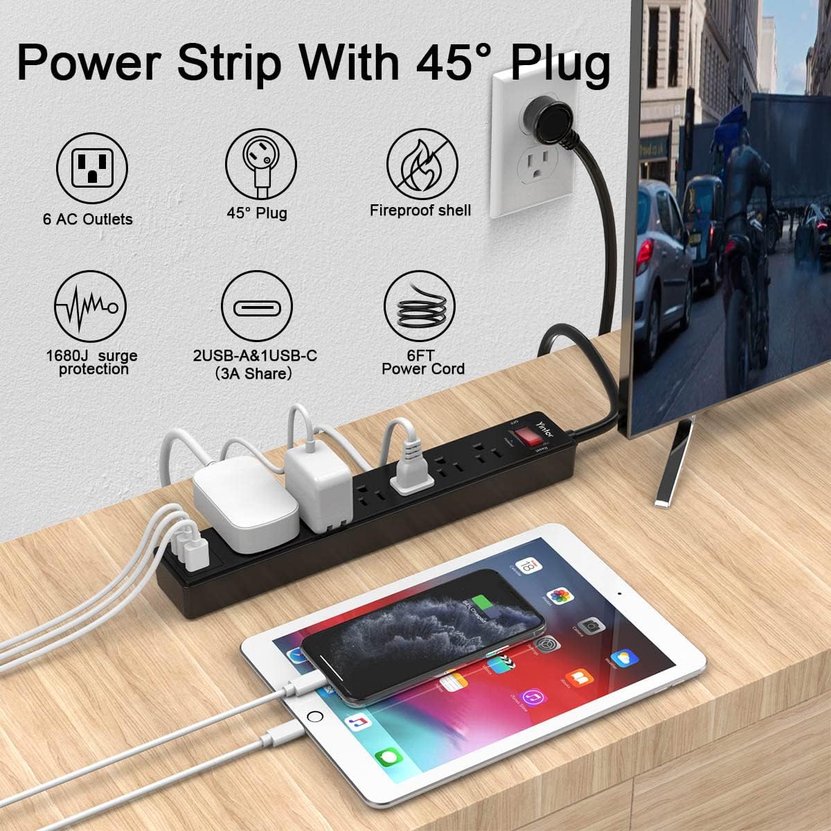 Yintar 6Ft Surge Protector Power Strip with 6 Outlets & 3 USB Ports. Black | 6 Feet Flat Plug Extension Cord with Multiple Outlets for Home. Office. Dorm Essentials. 1680 Joules. ETL Listed
