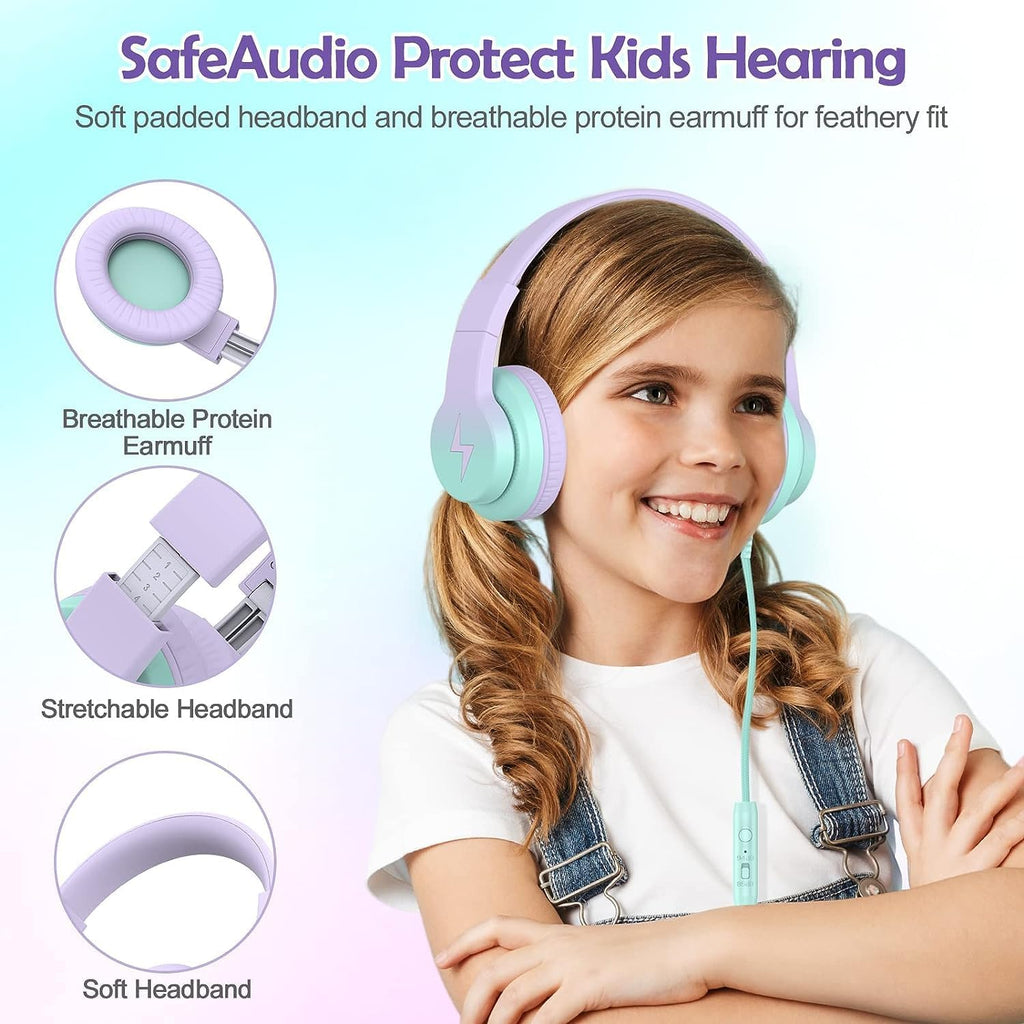 Candy Bila Wired Kids Headphones for School. Over-Ear for Boys Girls | Volume Limiter 85/94dB. HD Stereo Sound. Microphone and Wired Control.Foldable Design. Gradient Purple