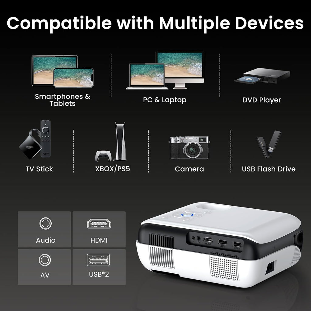 HAPPRUN Native 1080P Outdoor Smart Projector-Standard | Native 1080P • Mini & Portable • Easy Setup • Built-in Speaker • Indoor & Outdoor • Phone. Laptop & PS5 Compatible