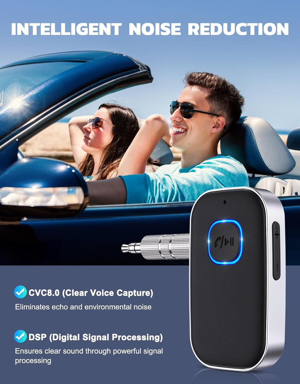 COMSOON Bluetooth Receiver for Car. 3.5mm AUX Bluetooth Car Adapter | Noise Cancelling. Wireless Audio Receiver for Home Stereo/Wired Headphones. Hands-Free Call. 16H Battery Life. Black+Silver