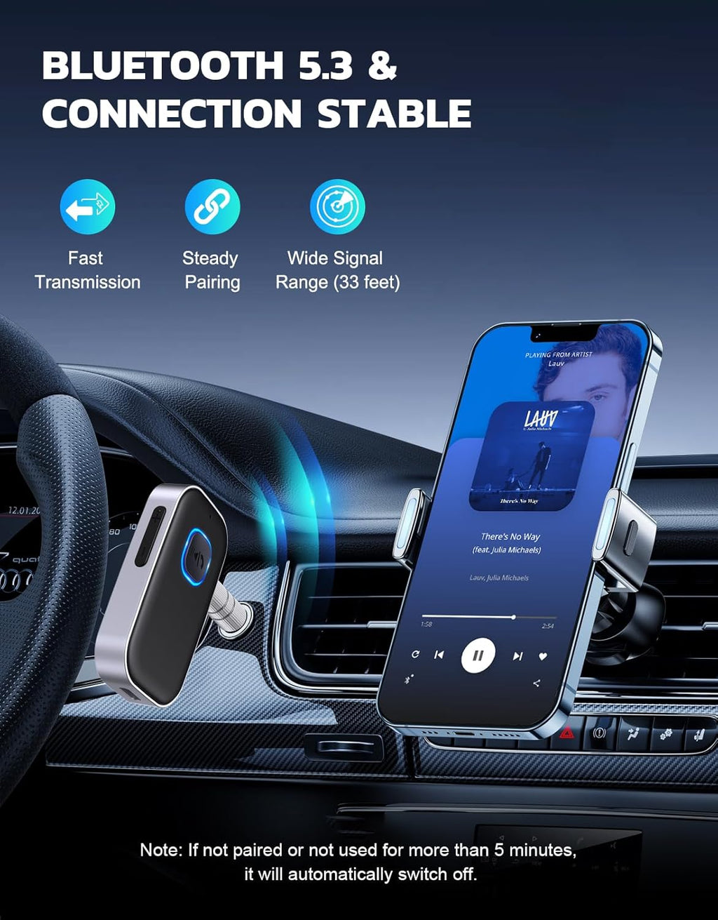 COMSOON Bluetooth Receiver for Car. 3.5mm AUX Bluetooth Car Adapter | Noise Cancelling. Wireless Audio Receiver for Home Stereo/Wired Headphones. Hands-Free Call. 16H Battery Life. Black+Silver
