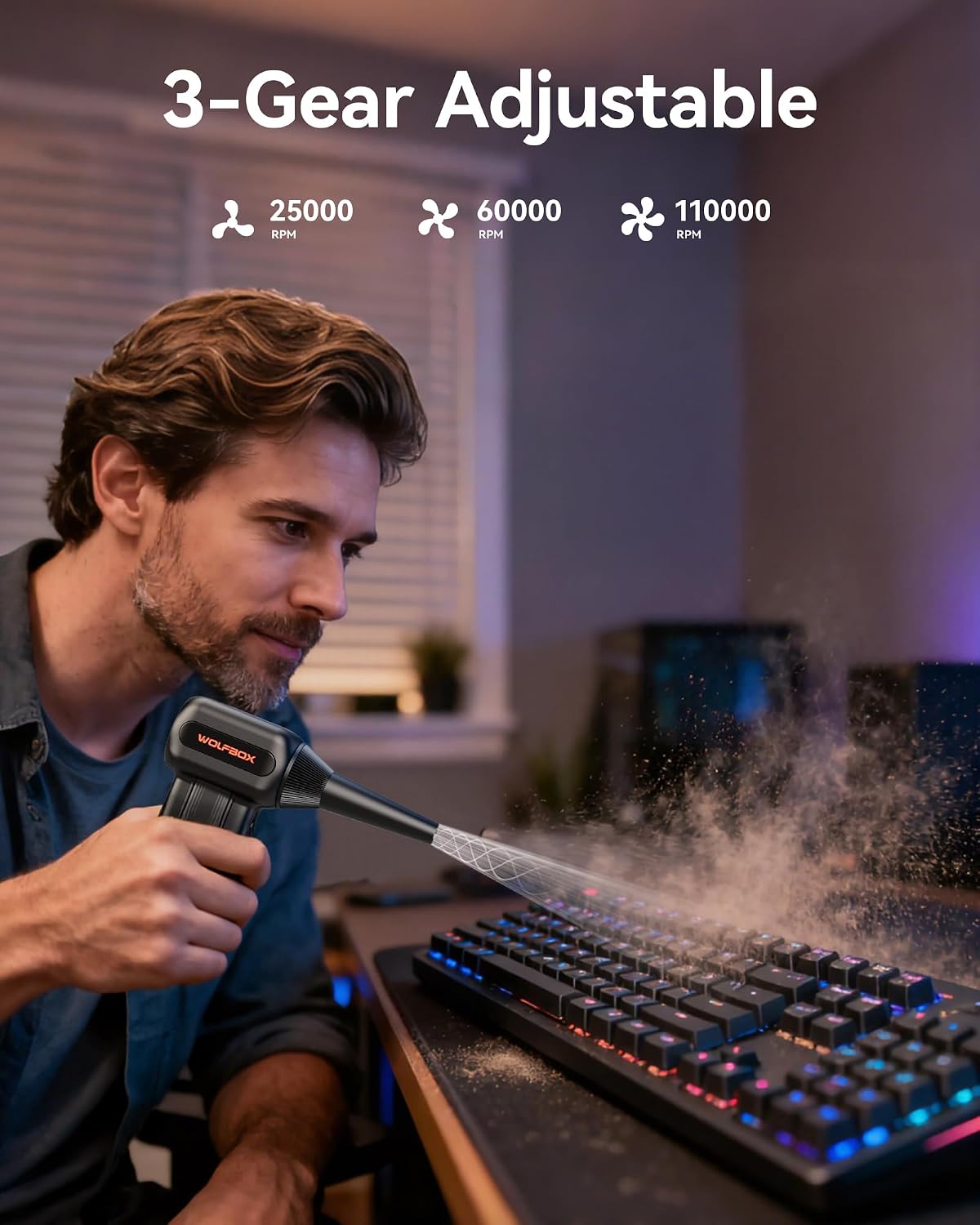 WOLFBOX MF60 Compressed Air Duster. 3-Speed Adjustable. Electric. Cordless | 110.000 RPM. Rechargeable. Air Blower. Fast Charging. PC Keyboard Cleaning. Car. Home. Black. 0.5 lb Lightweight