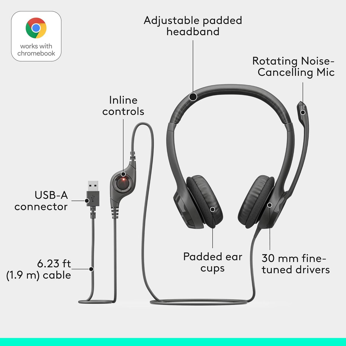 Logitech H390 Wired Headset PC/Laptop Stereo Headphones. USB-A. Black | For PC/Laptop. stereo headphones. microphone. in-line controls. works with Chromebook