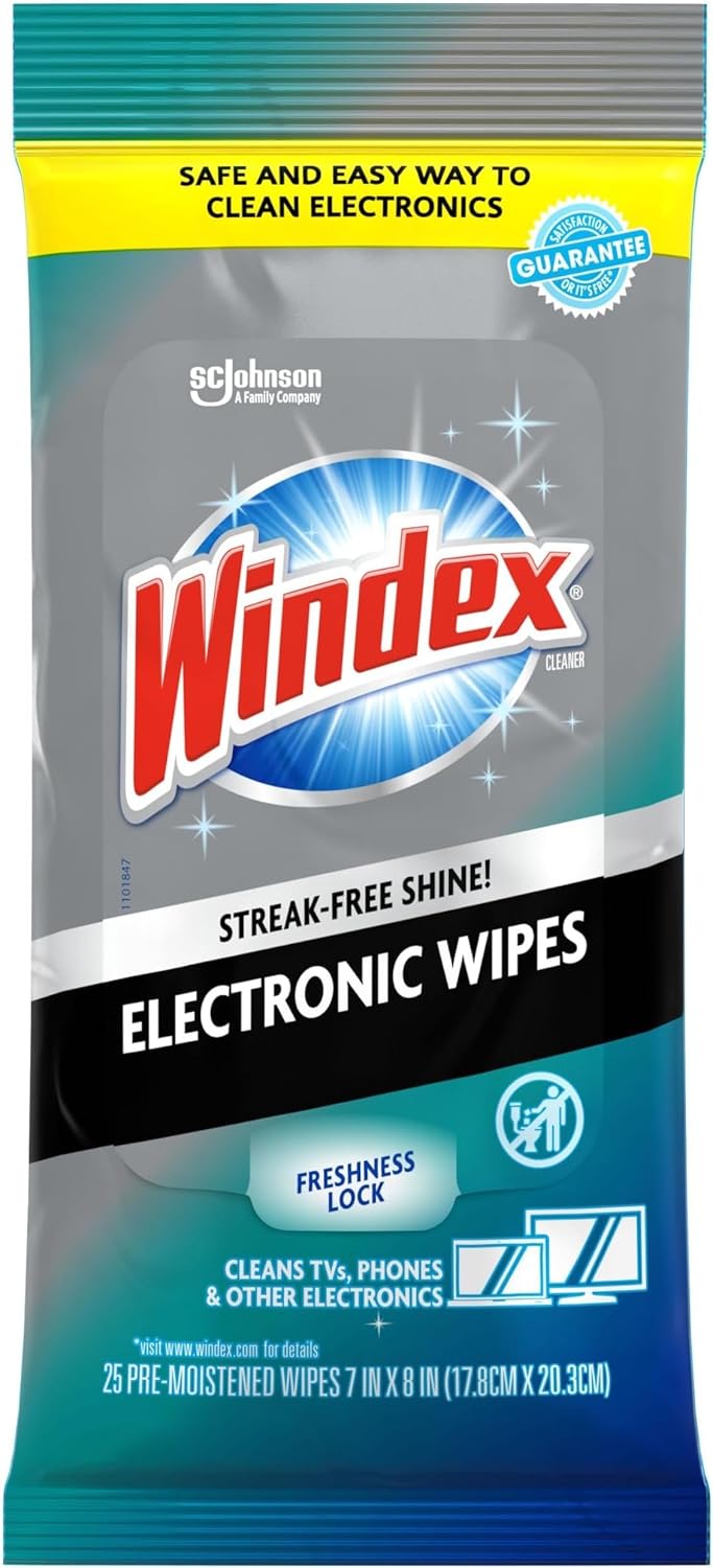 Windex Electronic Cleaning Wipes. Anti-Static & Ammonia-Free. 25 Count | Pre-Moistened Wipes for Monitors. Computer Screens. Laptops. TVs. Phones & More. Resealable Pack with Freshness Lock