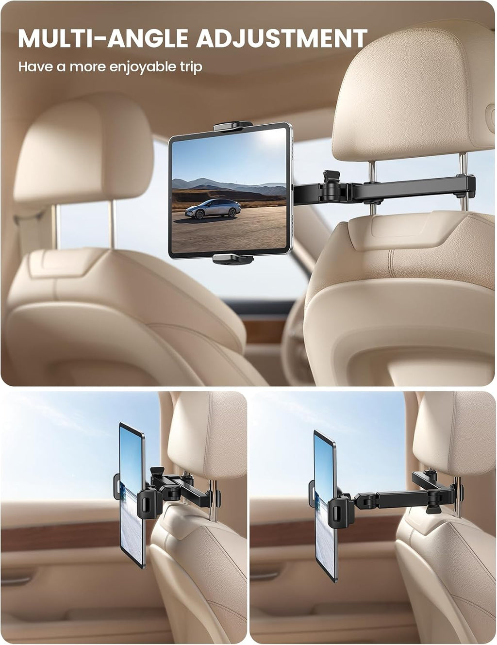 Lamicall Car Headrest Tablet Holder. 3 in 1 Extension Adjustable Arm | Tablet Car Mount for Back Seat. Gifts Road Trip Essentials for Kids. for 4.7-11 Devices. iPad Pro Air Mini. Galaxy. Fire HD